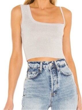 Revolve Superdown Rowen Silver Metallic Asymmetrical Cropped Knit Tank Top Sz M
